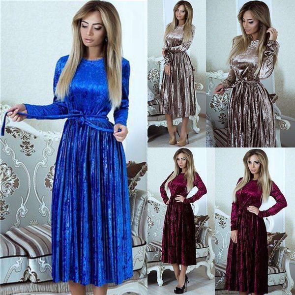 

autumn and winter womens clothing gold velvet pure color long sleeves lace pleated dress, Black;gray