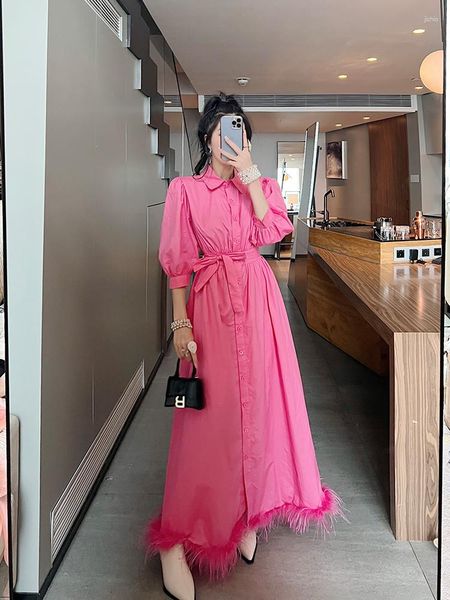 

Casual Dresses 2023 Spring&summer Dress for Women Design Sense Niche Stitching Furry Tassel French Style Shirt Slimming, Pink