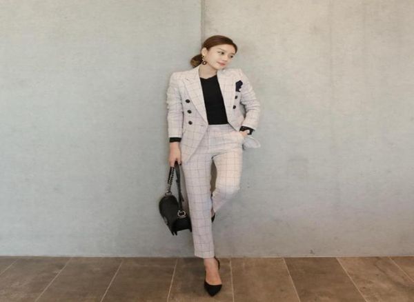 

office ladies 2 two pieces sets plaid single button jacket blazer slim pant suits work wear fashion outfits femininas women0392334354, Gray