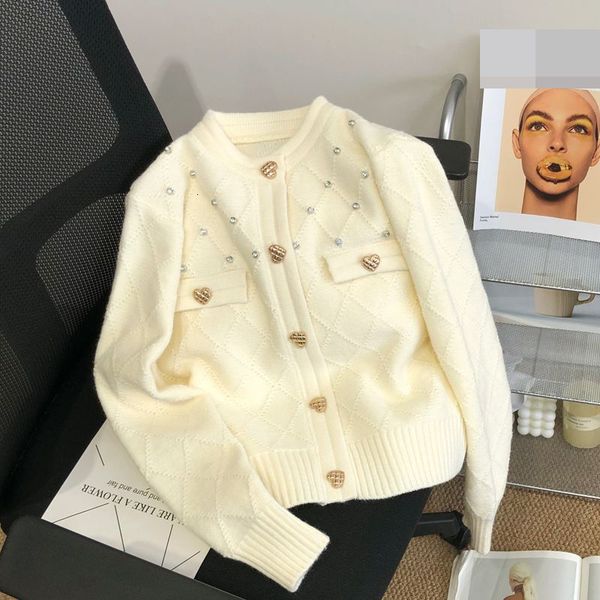 

women's knits tees sweater women's 2023 plaid studded round neck longsleeved sweater korean loose singlebreasted trend 230803, White