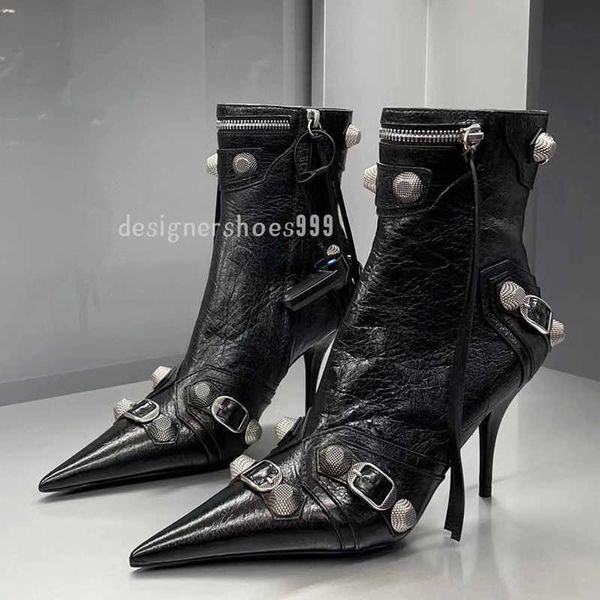 

cagole sheepskin boots belt buckle decorative side zipper locomotive pointy fashion boots high heels luxury designer women's factory sh, Black