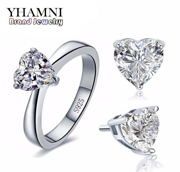

yhamni original bridal wedding jewelry sets for women real 925 sterling silver heart cz diamond stud earrings ring bridal jewelry 4201608, Slivery;golden