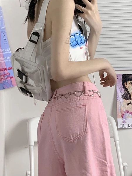 

women's jeans houzhou y2k baggy pink jeans women kawaii korean fashion oversize low rise wide leg denim pants streetwear loose trousers, Blue