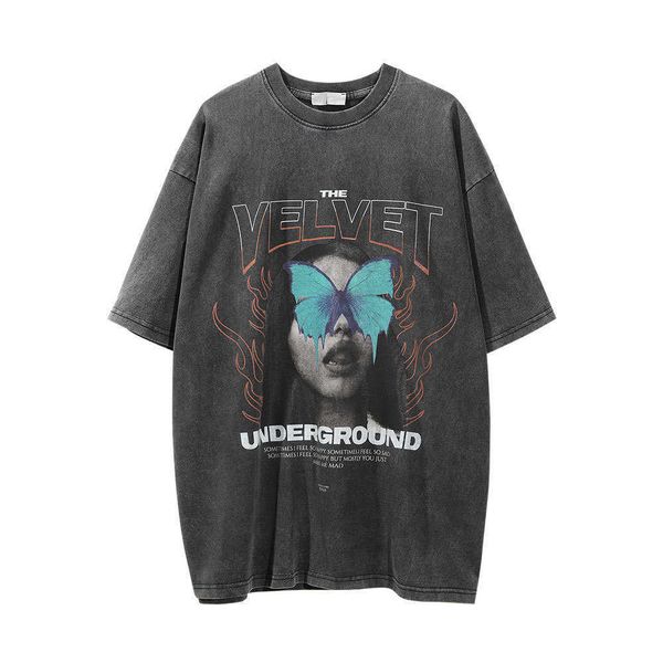 

figure print washed old short sleeved tshirt for mens american fashion brand loose round neck half sleeve summer quarter sleeve fashion tshi, White;black