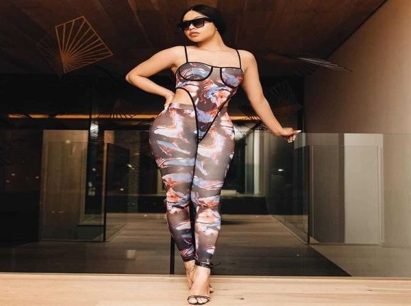 

fashion print sheer mesh pants set clubwear see through jumpsuit women two piece outfits bodysuit leggings d57cd18 x07099727874, Gray