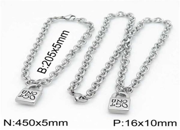 

fashion women men silver color gold stainless steel round lock key heart uno de 50 ball bead bracelet necklace jewelry sets 2103205051935