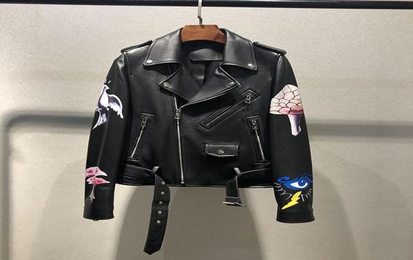 

women coat autumn and spring short length genuine leather turndown collar 3d print mushroom pattern locomotive model fg6671 wom3425850, Black