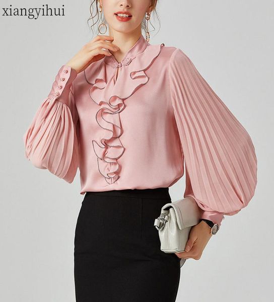 

pink lantern sleeve silk blouse female women autumn fashion loose shirt office work ladies casual stand collar white shirts1846189