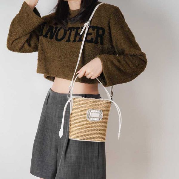 

diamond inlaid high-end woven straw bucket bag for women's bag 2023 new summer niche sen series portable one shoulder crossbody454