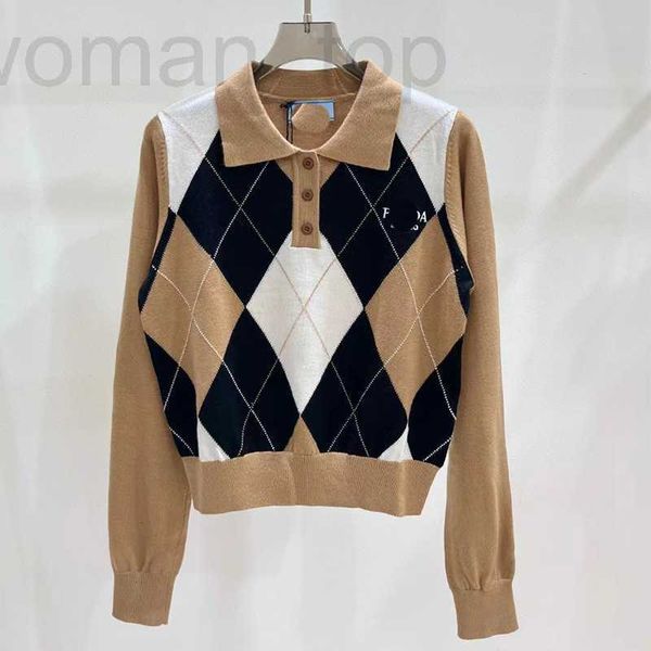 

women's t-shirt designer p family knitted polo collar long sleeve plaid sweater short girls' woolen 2023 early autumn new jersey 0, White