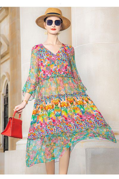 

basic casual dresses pink floral mulberry silk beach midi dresses spring summer loose 4xl plus size dress women elegant bodycon party vestid, Black;gray