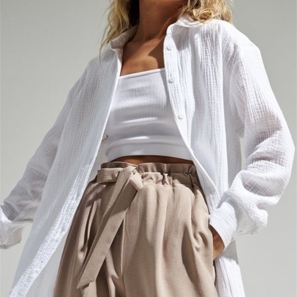 

women's blouses shirts bornladies 2023 spring summer 100 cotton office lady fashionable solid long sleeve loose crepe l230802, White
