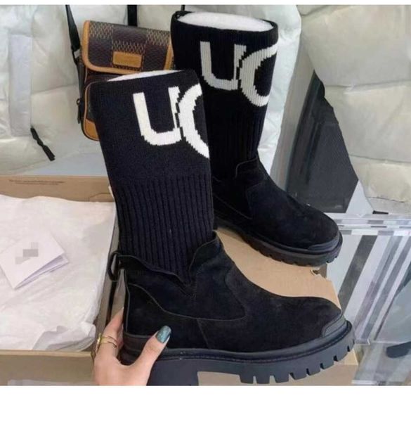

boots women's fashion snow boots thick soled elastic knitting stitching warm socks martin middle platform boots987, Black