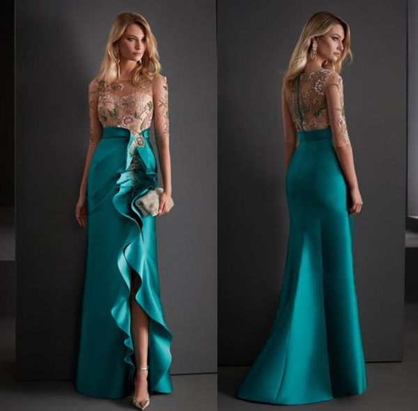

charming beaded mermaid prom dresses sheer bateau neckline side split evening gowns half sleeves floor length satin special occasi3091316, Black