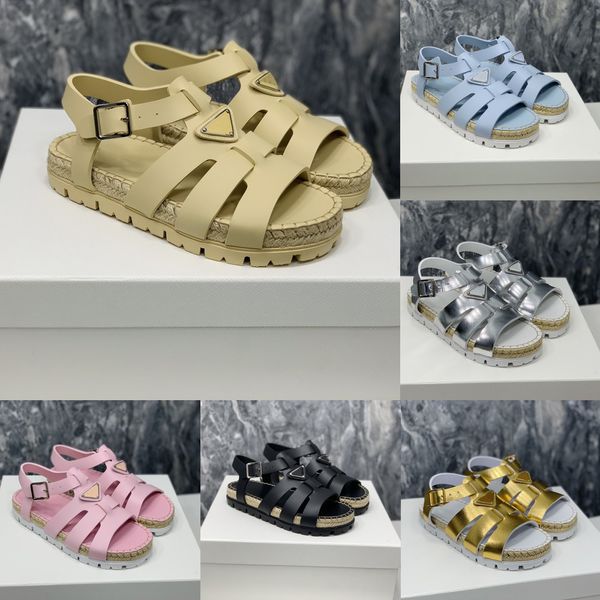 

luxury designers women sandals feet feel light thick soft raffia straw hemp sole rubber slippers slides triangle metal sandal vintage beach, Black