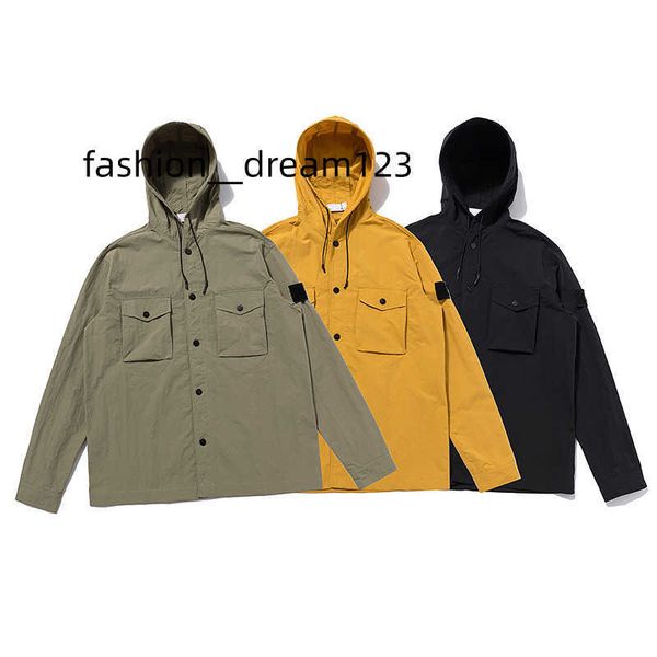 

brand mens jackets hooded island jacket with stand collar button double dimensional pockets embroidered armbands, Black;brown