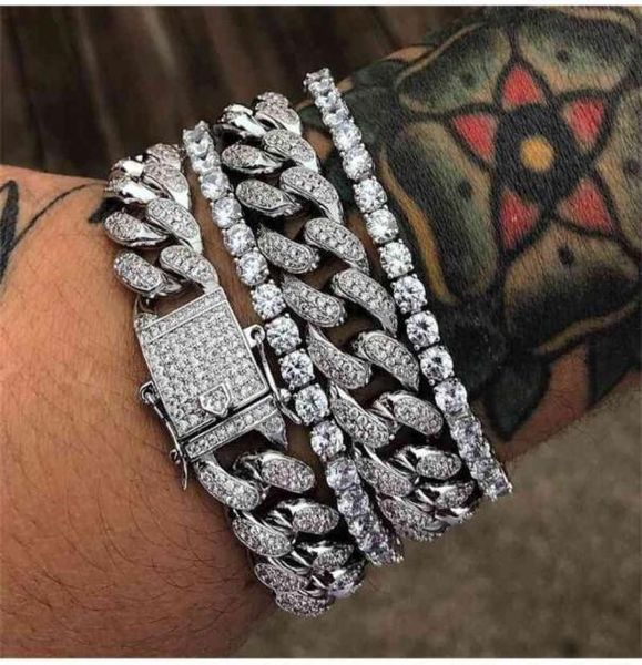 

mens iced out gold silver bracelets cubic zirconia bling open lock seamless cuban miami link chain bracelet for men hip hop jewler7749434, Black
