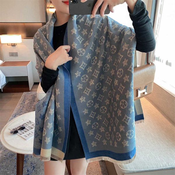

classic designer autumn and winter 2023 new cashmere printing scarf for women pentagram double sided thickened warm shawl, Blue;gray