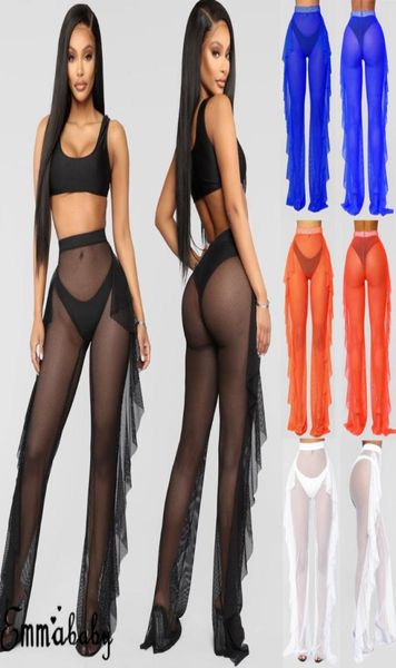 

2020 women beach cover up see through ruffle pants mesh sheer long trousers bikini cover up bottoms swimsuit swimwear5240722, Black;white