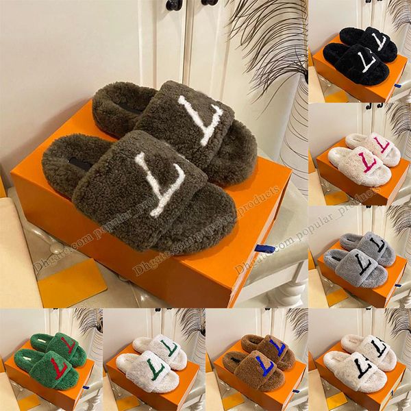

2023 full dark brown letter fur slippers winter indoor house wool slides famous designer womens sandals rose red pink beige brown fluffy fuz, Black