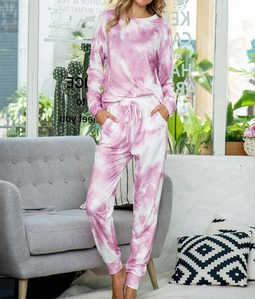 

fashion tiedye print women two piece set summer long sleeve oneck female lace up elastic waist pant pajamas set home2617396, Gray