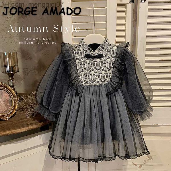 

girl's dresses new spring and autumn children's long sleeve qipao style mesh patch long sleeve children's princess dress h303, Red;yellow