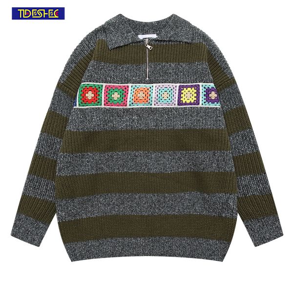 

men's sweaters streetwear women's baggy pullovers knit winter vintage stripe jumpers lapel collar half zipper knitted sweater 2308, White;black