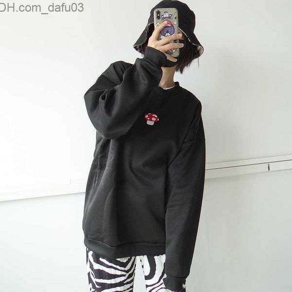

men's hoodies sweatshirts women's hoodie y2k aesthetic mushroom embroidery oversized sweater retro brown crewneck long sleeve fash, Black
