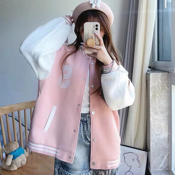 

women's jackets autumn pink baseball jacket women harajuku casual pocket printed korean oversize bomber uniform streetwear long sleeves, Black;brown