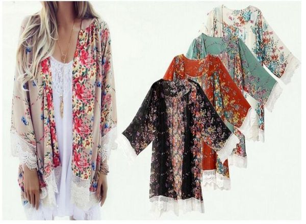 

summer women floral chiffon kimono cardigan robe jacket blouse 1341797, White