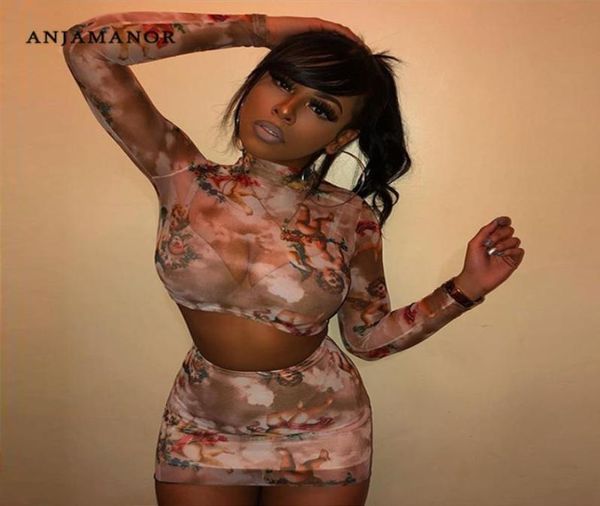 

anjamanor angel print sheer mesh outfits 2 piece set women long sleeve crop skirt two piece club matching sets d37az70 t8318357, Gray