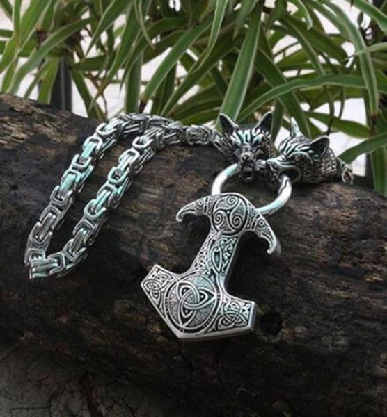 

vintage nordic style viking wolf head men metal celtic hammer pendant necklace rock party biker jewelry q121644632002042017, Silver