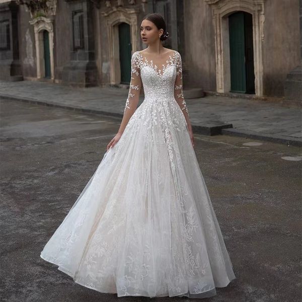 

lace long sleeve plus size wedding dresses a line floor length applique bridal dress wedding gown wed dress sweep train bridal gowns plus si, White