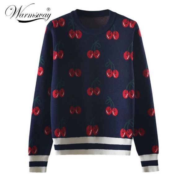 

new fashion women autumn and winter cute cherry jacquard sweater pullovers ladies chic long sleeve jumper knitting c426 201011569539, White;black