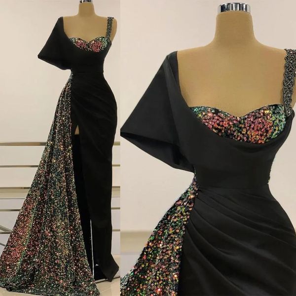 

2023 aso ebi black mermaid evening dress spaghetti beaded sequined lace prom formal party second reception birthday engagement bridesmaid go, Black;red