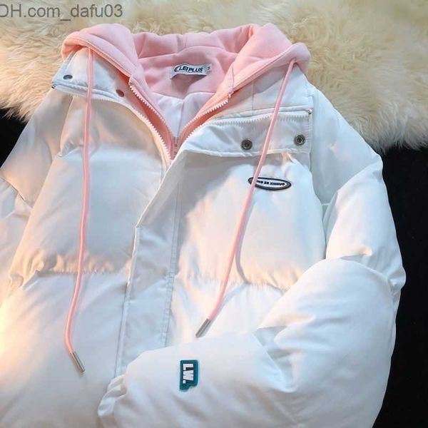 

men's hoodies sweatshirts korean fashion fake two piece loose hoodie winter kawaii women's thick cotton padded jacket couple jacke, Black