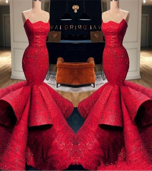 

2021 red arabic mermaid evening dresses runway strapless backless ruched satin prom gowns lace appliques sequined pageant party dr8617792, Black;red