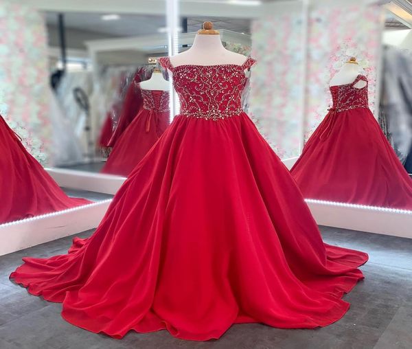 

red chiffon girl pageant dress 2023 aline strapless beaded crystals bodice little kid birthday formal party gown toddler teens pr9512795, White;red