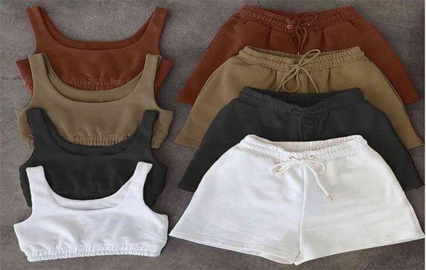 

casual solid sportswear two piece set crop and drawstring shorts matching set summer athleisure outfits 2107229575108, White