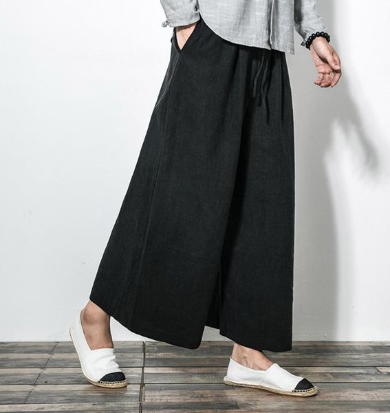 

men new cotton linen wide leg pants japanese style kimono male fashion casual loose comfortable trousers skirt pant y1905098827297, Black