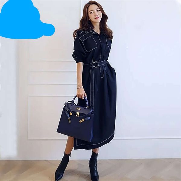 

designer trench women dress runway spring summer long chic turn down collar slim split vestidos 292, Black;gray
