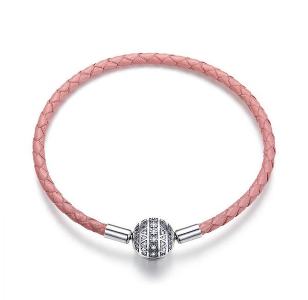 

fashion disco ball snap clasp pink leather european bracelet fit charm real 925 sterling silver3789586, Golden;silver