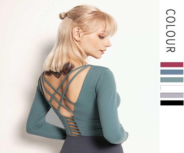 

cross back women039s yoga slim belt running fitness chest pad sports bra gym clothes women shirt long sleeve work9921162, White