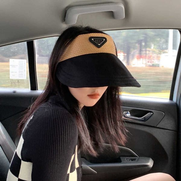 

r luxury grass woven duck tongue empty hat for women in spring and summer beach sun protection shading hair hoop straw face covering seaside, Blue;gray
