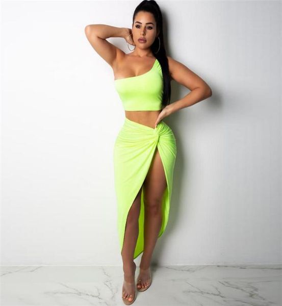 

two piece set dress for women one shoulder side ruched high split dress female bandange vestidos8023865, White