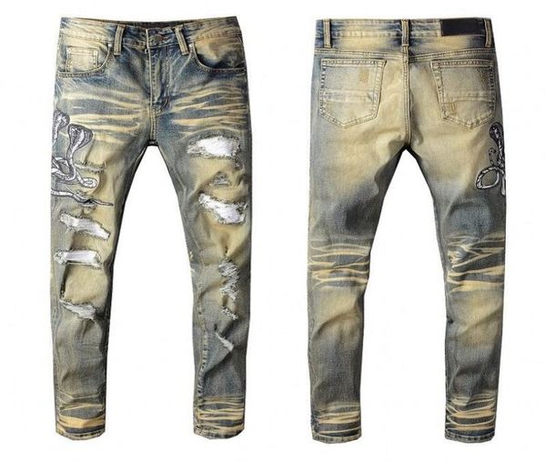 

new mens jeans distressed motorcycle biker jeans rock skinny slim ripped hole printing famous brand denim pants jea1930469, Blue