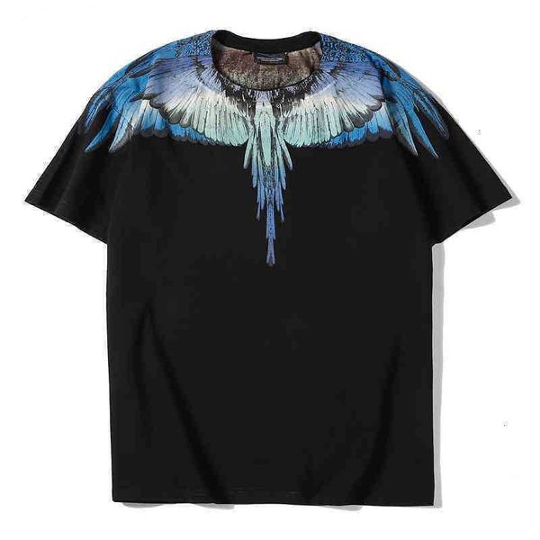 

hip hop high street silver grey blue feather water drop wings short sleeve cotton t-shirt for men and women -13, White;black