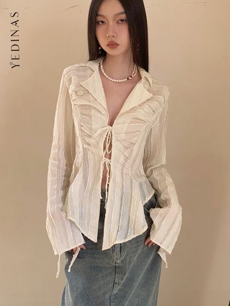

women's blouses shirts yedinas fairycore lace up blouse women long sleeve spring 2023 turn down collar shirt ladies korean fashion chi, White