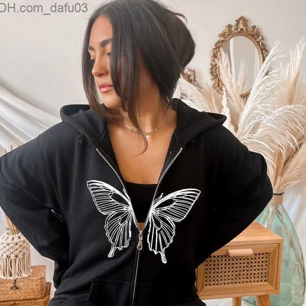 

men's hoodies sweatshirts 2000s butterfly hoodie zipper sweatshirt autumn grunge punk harajuku y2k clothing women funny hip hop sweatsh, Black