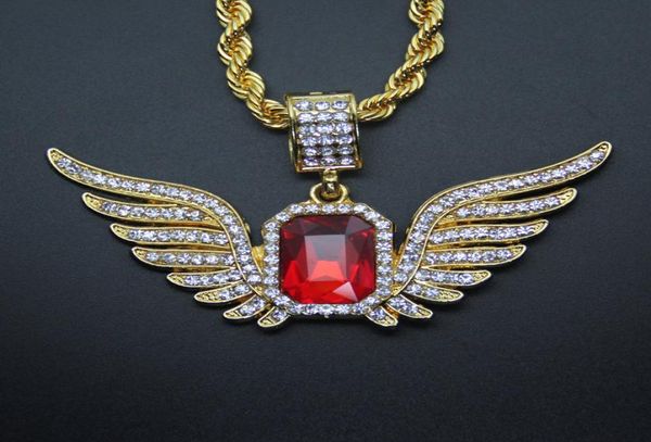

hip hop angel wings with big red ruby pendant necklace for men women iced out jewelry7608660, Silver